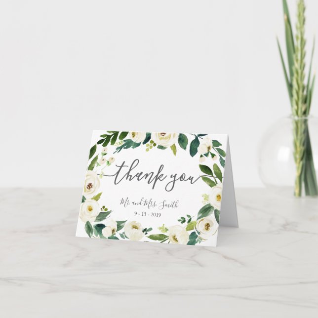White Flower Green Wreath Folded Thank You Cards (Front)