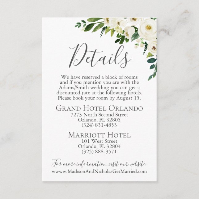 White Flower Greenery Wedding Details Card Inserts (Front)