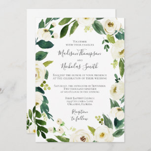 White Flower Greenery Wreath Wedding Invitation