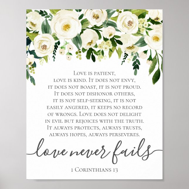 White Flower Love Never Fails 1 Corinthians Sign (Front)