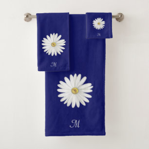 White Flower & Monogram on Navy Blue Bath Towel Set