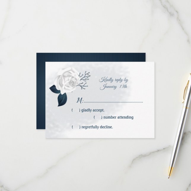 white flower & navy leaves  RSVP card (Front/Back In Situ)