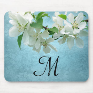 White Flower on Blue Monogram Initial Mouse Pad