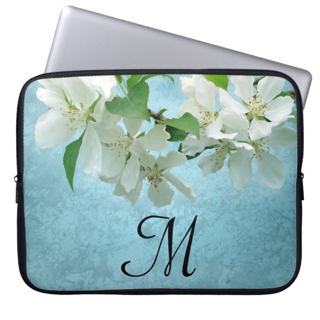 White Flower on Blue Sky Monogram 15" Laptop Case (Front)