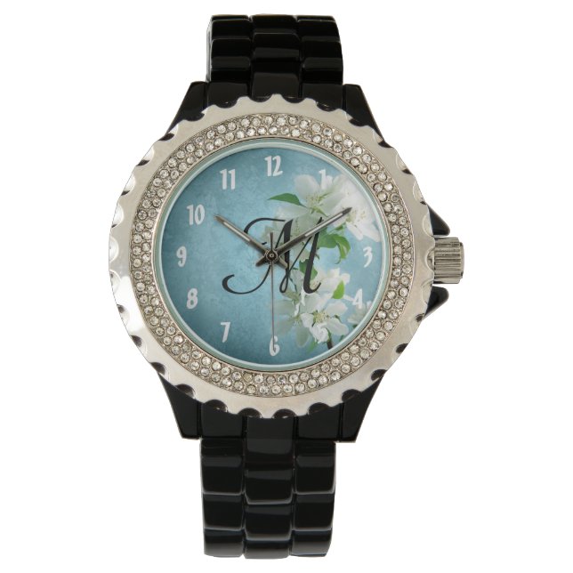 White Flower on Blue Sky Wrist Watch (Front)