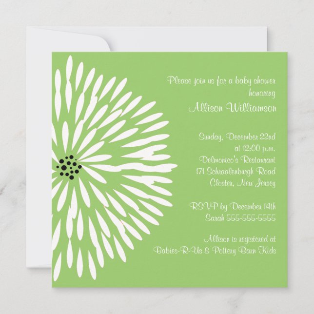 White Flower on Green Baby Shower Invitation (Front)