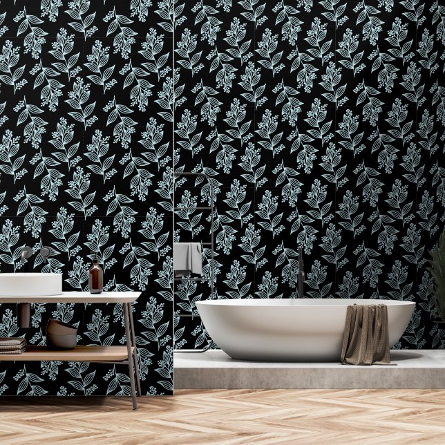 White Flower Pattern Botanical Dark Floral Black Wallpaper (Bathroom)