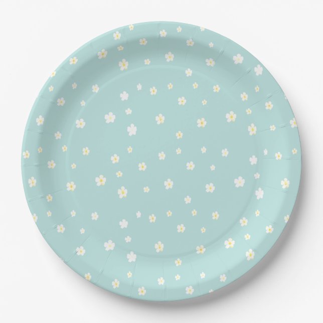 White Flower Pattern on Light Blue Paper Plates (Front)