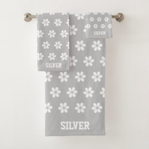 White Flower Pattern on Light Grey Personalized Bath Towel Set