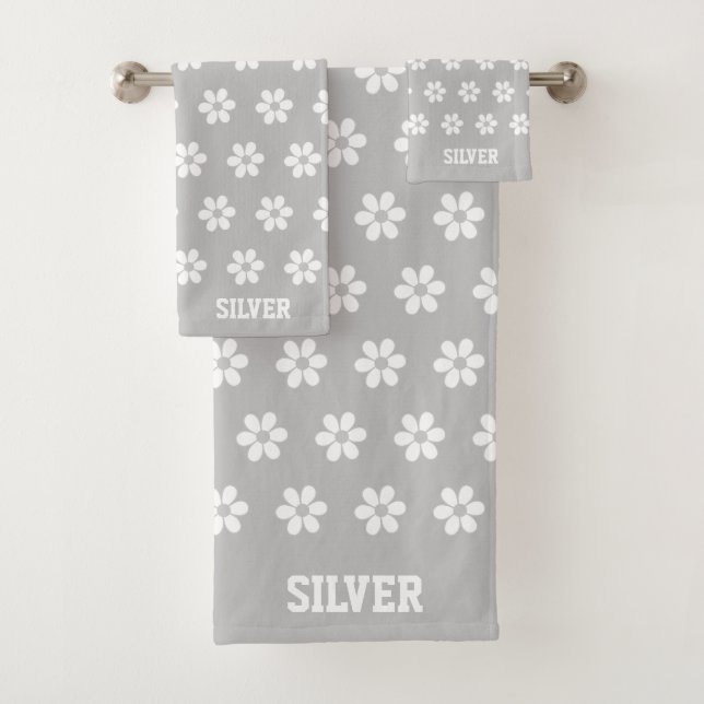White Flower Pattern on Light Grey Personalized Bath Towel Set (Insitu)