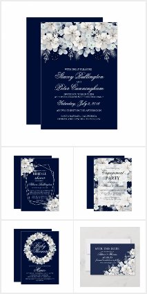 White flower sakura navy blue wedding invitations
