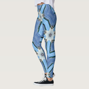 white flower stars geometric blue leggings