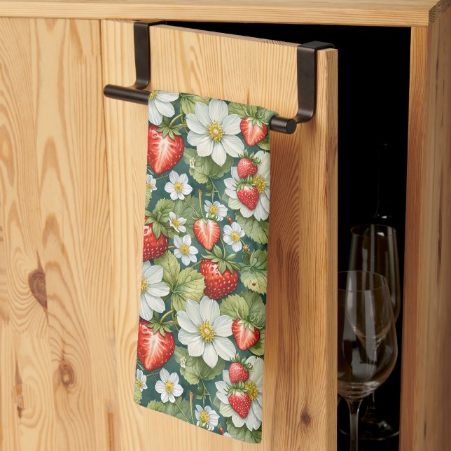 White Flower & Strawberry Kitchen Towel (Thirds Fold)