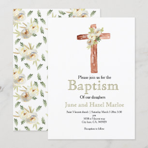 White flower twin sibling baptism invite