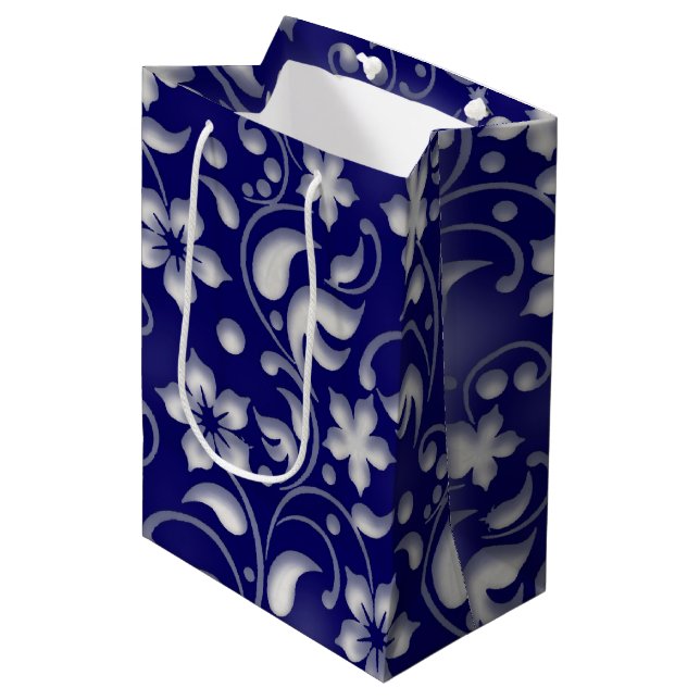 White flower with blue background    medium gift bag (Front Angled)