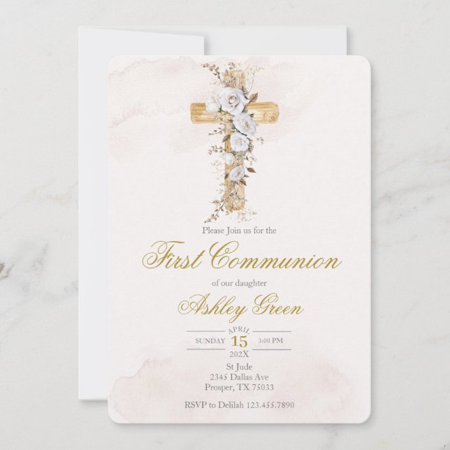 White flower with cross Baptism Invitation (Front)