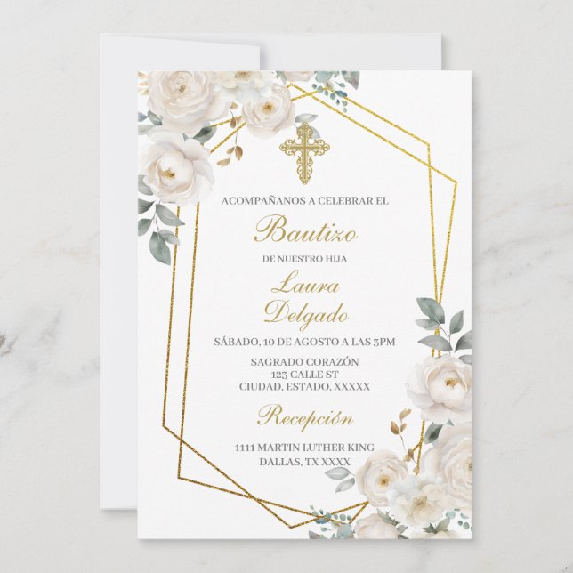White flower with frame Baptism Invitation (Front)