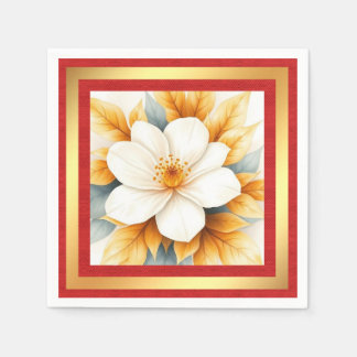 White flower with golden leaves napkin