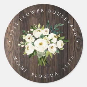 White Flower Wood Bouquet Rustic Return address Classic Round Sticker