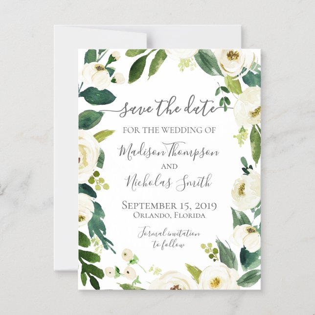 White Flower Wreath Save the Date Magnets (Front)