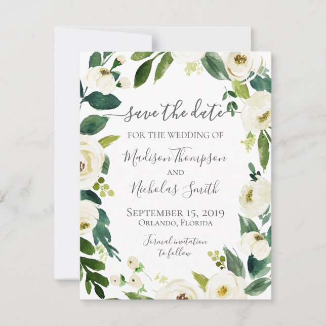 White Flower Wreath Wedding Save The Date Card (Front)