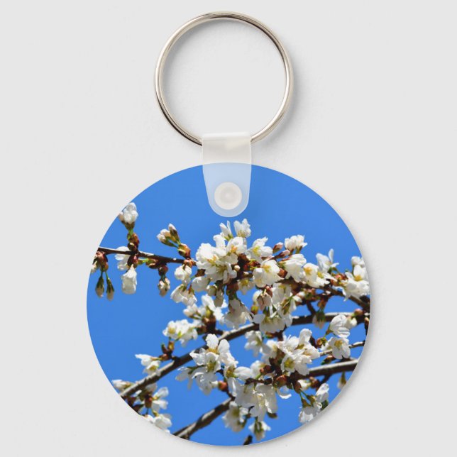White flowering spring tree white floral blossom  keychain (Front)