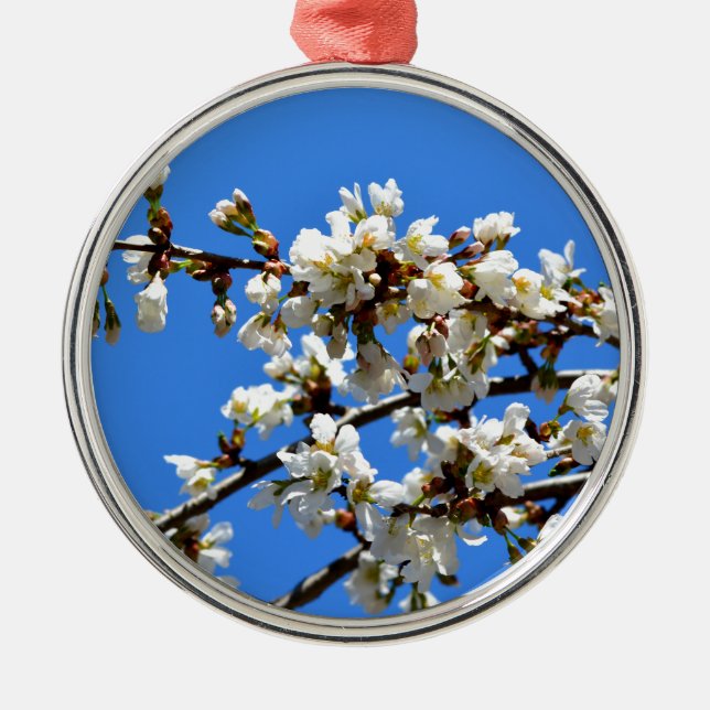 White flowering spring tree white floral blossom  metal ornament (Front)