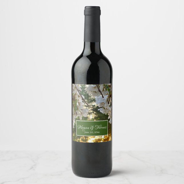 White flowering tree buds sunrise thru pine trees  wine label (Front)