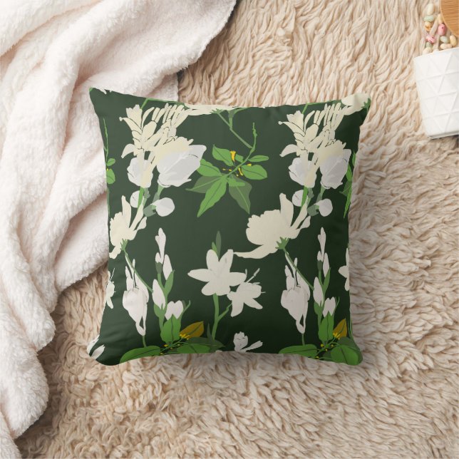 White Flowers 1 dark green back throw pillow (Blanket)
