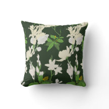 White Flowers 1 dark green back throw pillow