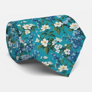 White Flowers and Blue Forget Me Nots Tie