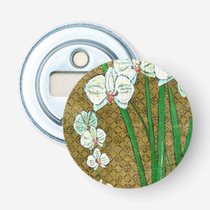 White Flowers and Green Stems on Brown Border Bottle Opener