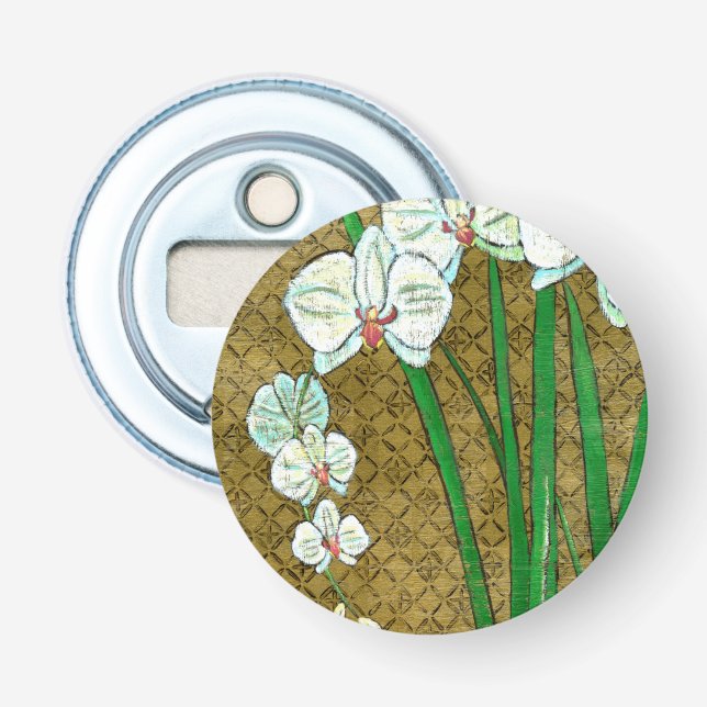 White Flowers and Green Stems on Brown Border Bottle Opener (Front)