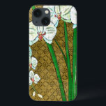 White Flowers and Green Stems on Brown Border iPhone 13 Case<br><div class="desc">White flowers hang off green stems in this piece by Chariklia Zarris. Set against a tan background and surrounded by a brown border this is a simple but elegant painting. Add it to your home and enjoy the beauty!</div>