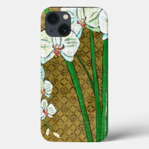 White Flowers and Green Stems on Brown Border iPhone 13 Case