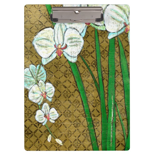 White Flowers and Green Stems on Brown Border Clipboard (Front)