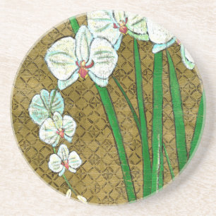 White Flowers and Green Stems on Brown Border Coaster
