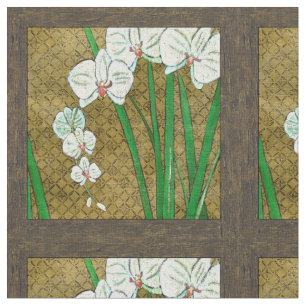 White Flowers and Green Stems on Brown Border Fabric