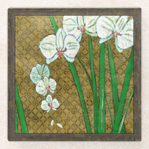 White Flowers and Green Stems on Brown Border Glass Coaster