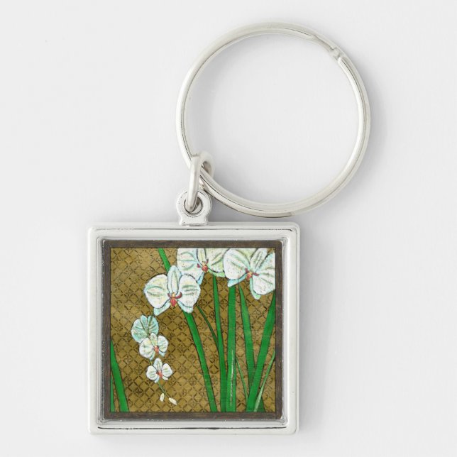 White Flowers and Green Stems on Brown Border Keychain (Front)