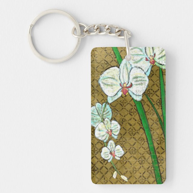White Flowers and Green Stems on Brown Border Keychain (Front)