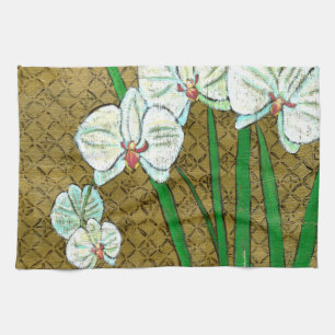 White Flowers and Green Stems on Brown Border Kitchen Towel