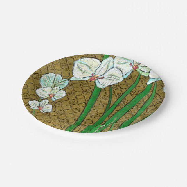 White Flowers and Green Stems on Brown Border Paper Plate (Angled)