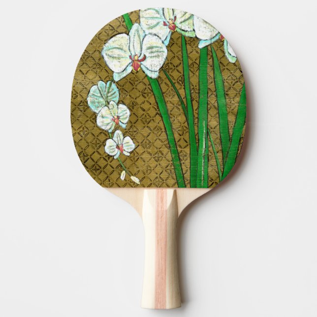 White Flowers and Green Stems on Brown Border Ping Pong Paddle (Front)