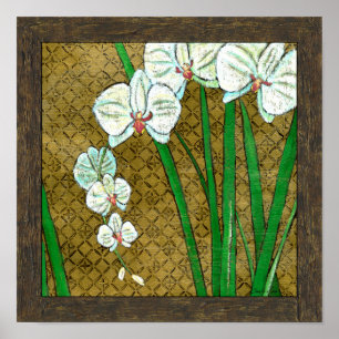 White Flowers and Green Stems on Brown Border Poster