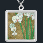 White Flowers and Green Stems on Brown Border Silver Plated Necklace<br><div class="desc">White flowers hang off green stems in this piece by Chariklia Zarris. Set against a tan background and surrounded by a brown border this is a simple but elegant painting. Add it to your home and enjoy the beauty!</div>