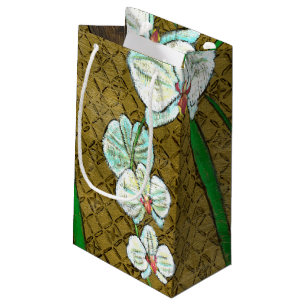 White Flowers and Green Stems on Brown Border Small Gift Bag