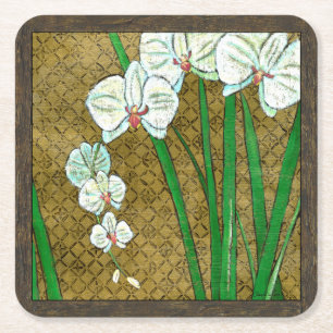 White Flowers and Green Stems on Brown Border Square Paper Coaster