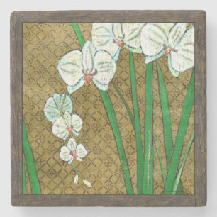 White Flowers and Green Stems on Brown Border Stone Coaster