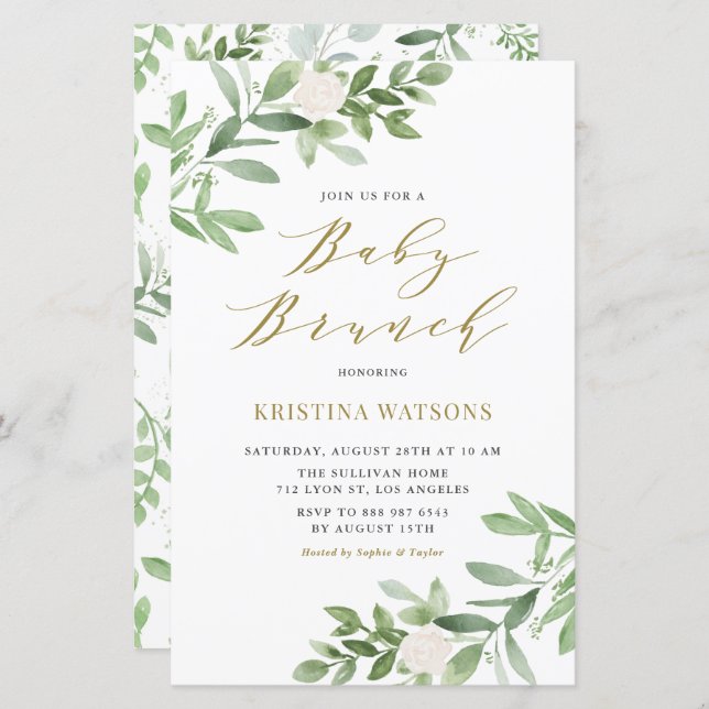White Flowers and Greenery Baby Brunch Invitation (Front/Back)